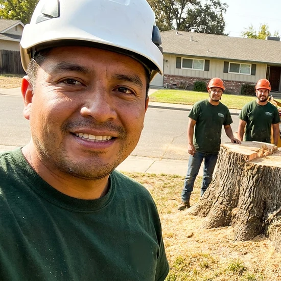 Smiling Greenwood Tree Services crew selfie after removing a large oak in Mesa