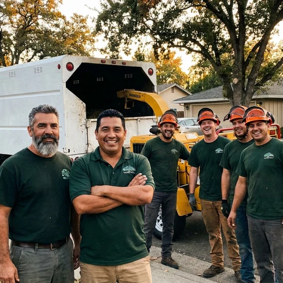 Tree service owner and crew with chip truck on a Mesa street